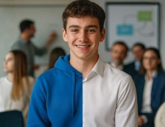 Un étudiant dans deux situation différentes, la partie de gauche est à l'école et il porte un sweat bleu, à droite il est en entreprise et porte une chemise