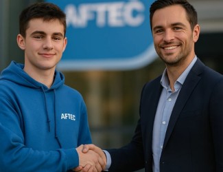 Un étudiant et un professionnel se serrant la main en souriant. le jeune porte un sweat bleu AFTEC et le professionnel est en chemise et porte une verse de costard