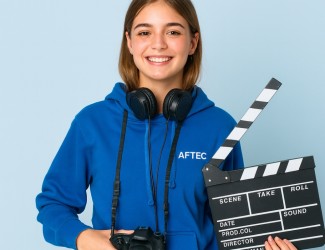 jeune femme de 18 ans portant un casque audio autour du cou, un appareil photo et un clap de début de tournage. Elle porte un sweat bleu AFTEC