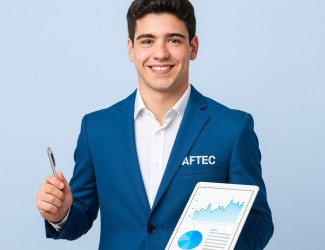 jeune homme de 18 ans portant un crayon dans la main et une tablette avec des graphiques dans l'autre main. Il porte un costard bleu AFTEC
