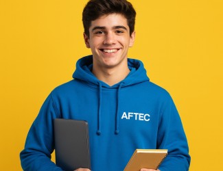 jeune homme de 18 ans portant un ordinateur sous le bras et un carnet dans la main. Il porte un sweat bleu AFTEC