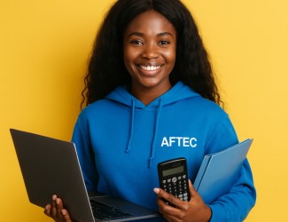 jeune femme de 18 ans portant un ordinateur, une calculatrice et une pochette bleu dans les mains, elle porte un sweat bleu AFTEC