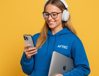 jeune femme de 18 ans portant un casque audio un ordinateur portable sous l'aisselle et un smartphone dans l'autre main. Elle porte un sweat bleu AFTEC