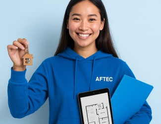 jeune femme de 18 ans portant un porte clé en forme de maison, une tablette avec un plan de bien immobilier, une pochette bleu dans les mains, elle porte un sweat bleu AFTEC