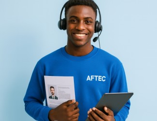 jeune homme de 18 ans portant un casque micro sur les oreilles, un CV dans la main et un ordinateur dans l'autre. Il porte un sweat bleu AFTEC
