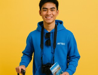 jeune homme de 18 ans portant un prospectus d'une ville dans la main, un appareil photo autour du cou, une valise dans l'autre main et des lunette sur son col de sweat. Il porte un sweat bleu AFTEC