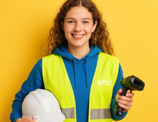 jeune femme de 18 ans portant un casque de chantier sous le bras, un scanner logistique et un gilet jaune. Elle porte un sweat bleu AFTEC