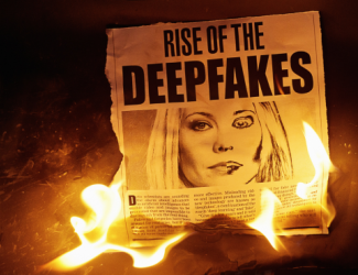 page de journal dans les flammes sur laquelle est écrit "rise of the deepfakes" avec une photo de femme