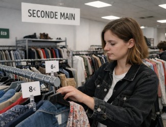 Rayon seconde main dans un magasin avec des vêtements d'occasion bien présentés et une cliente qui regardent les articles