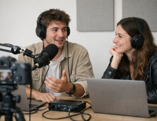 Deux jeunes en train d'enregistrer un podcast vidéo dans un studio simple avec un micro et une caméra, ambiance détendue et professionnelle    
