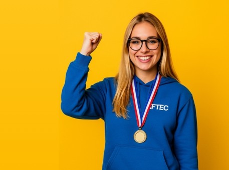 Une jeune femme blonde portant un sweat AFTEC. Elle a une médaille d'or autour du cou et a le poing levé vers le ciel en souriant