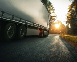 Un camion, poids lourd, roule au milieu d'une forêt sur une route