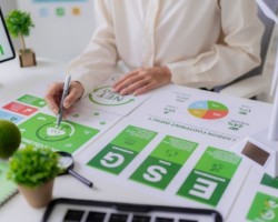  femme travaillant assise à son bureau tient un stylo à sa main droite et écrit un reporting RSE coloré de vert.