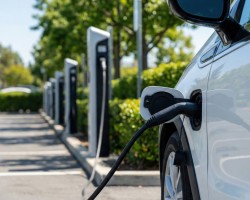 voiture qui est branchée à une borne de recharge en extérieur