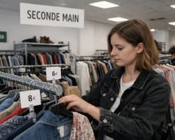 Rayon seconde main dans un magasin avec des vêtements d'occasion bien présentés et une cliente qui regardent les articles