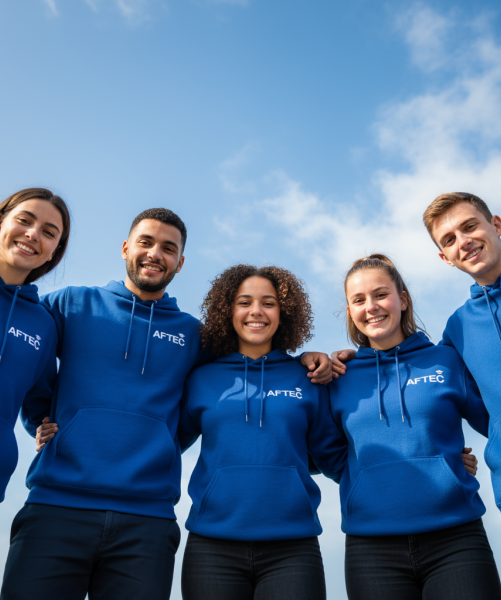 Cinq jeunes adultes souriants portent des sweats à capuche bleus vifs avec le logo "AFTEC" et se tiennent proches, les bras autour de l'épaule des autres, formant un cercle et regardant vers le bas. Ils sont photographiés d'un angle en contre-plongée (bas vers le haut) devant un ciel bleu clair parsemé de quelques nuages blancs. L'expression générale est positive et collaborative.
