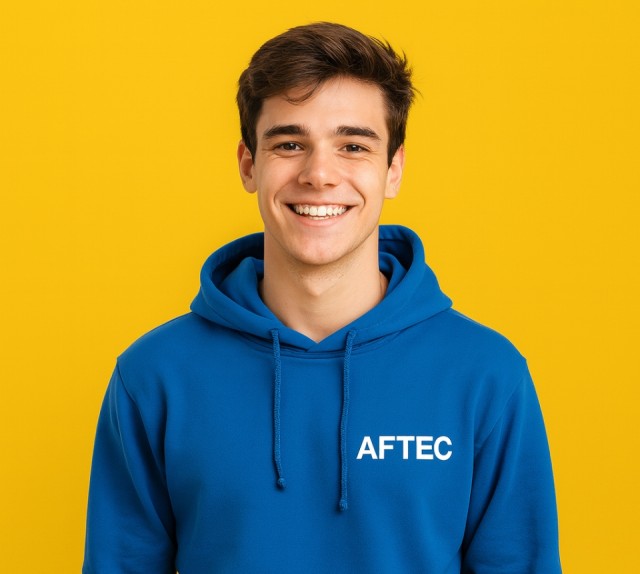 jeune étudiant de 18 ans portant un sweat à capuche bleu avec le logo AFTEC sur un fond jaune