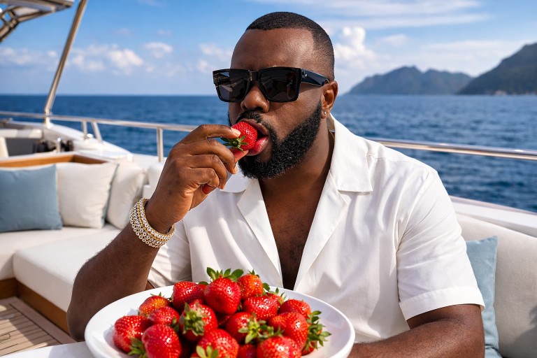 gims, le chanteur français, mangue une fraise sur un yacht