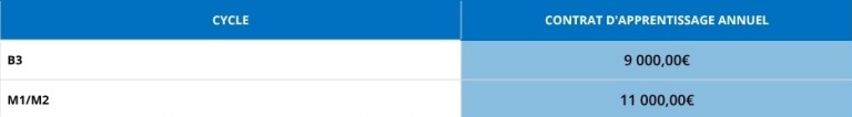 tableau récapitulant les budgets des formations ISCOM en alternance