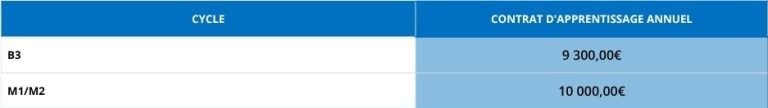tableau récapitulant les budgets des formations win sport school en alternance