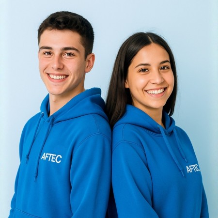 deux étudiants AFTEC dos à dos, une fille et un garçon, de 18 ans, qui sourient face à la caméra, l'arrière plan est bleu et ils portent un sweat bleu avec le logo AFTEC